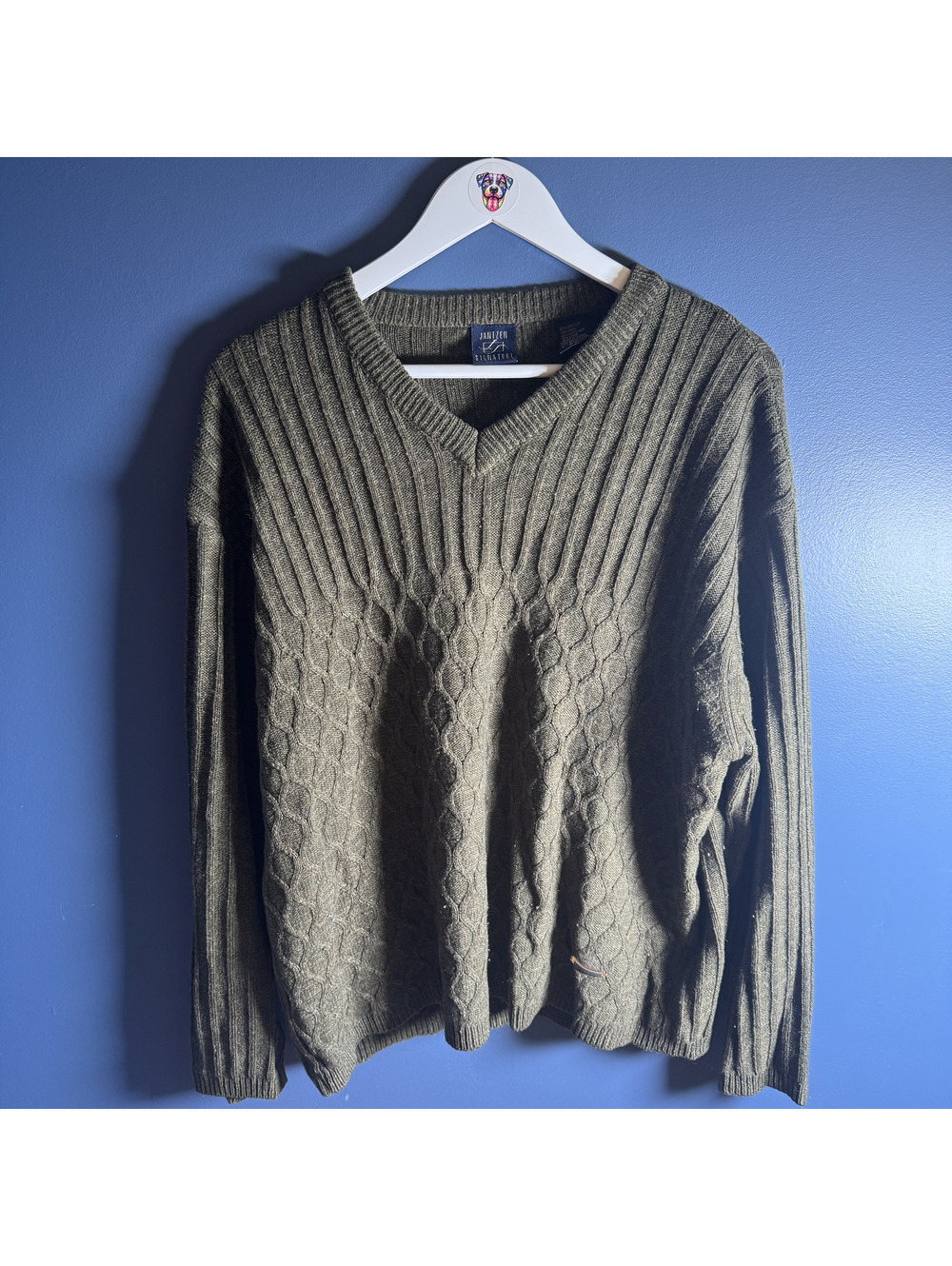 Vintage Jantzen Signature Olive Cable Knit V-Neck Sweater Made In Korea Sz L